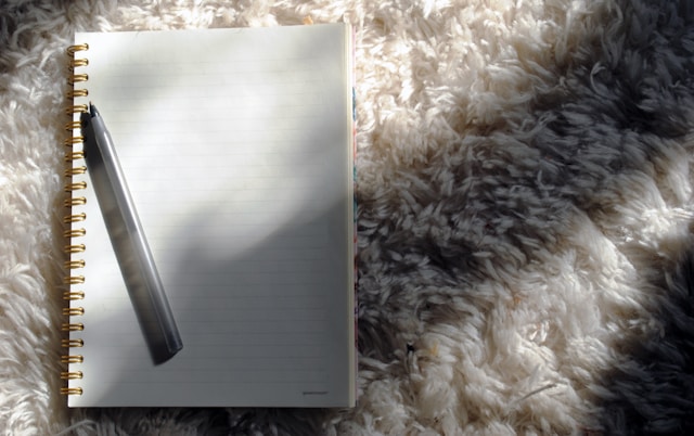 Foto eines Notizbuchs, das auf einem Fell liegt.