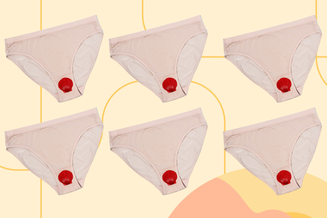 Eine Illustration mehrerer Unterhosen, auf denen eine rote Muschel liegt, um die Menstruation darzustellen.